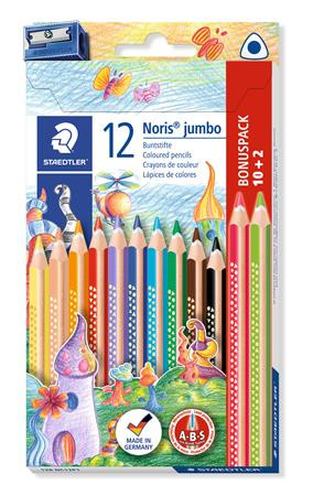 Színes ceruza készlet, háromszögletű, vastag, hegyezővel, STAEDTLER "Noris® Jumbo 128", 10+2 különböző szín